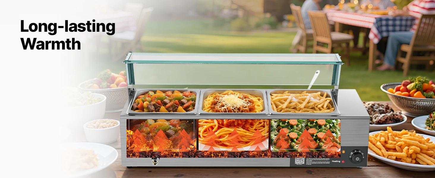 SucceBuy Commercial Food Warmer Electric Stainless Steel Steam Food Warmer with Glass Cover 3-Pan Countertop Buffet Bain Marie