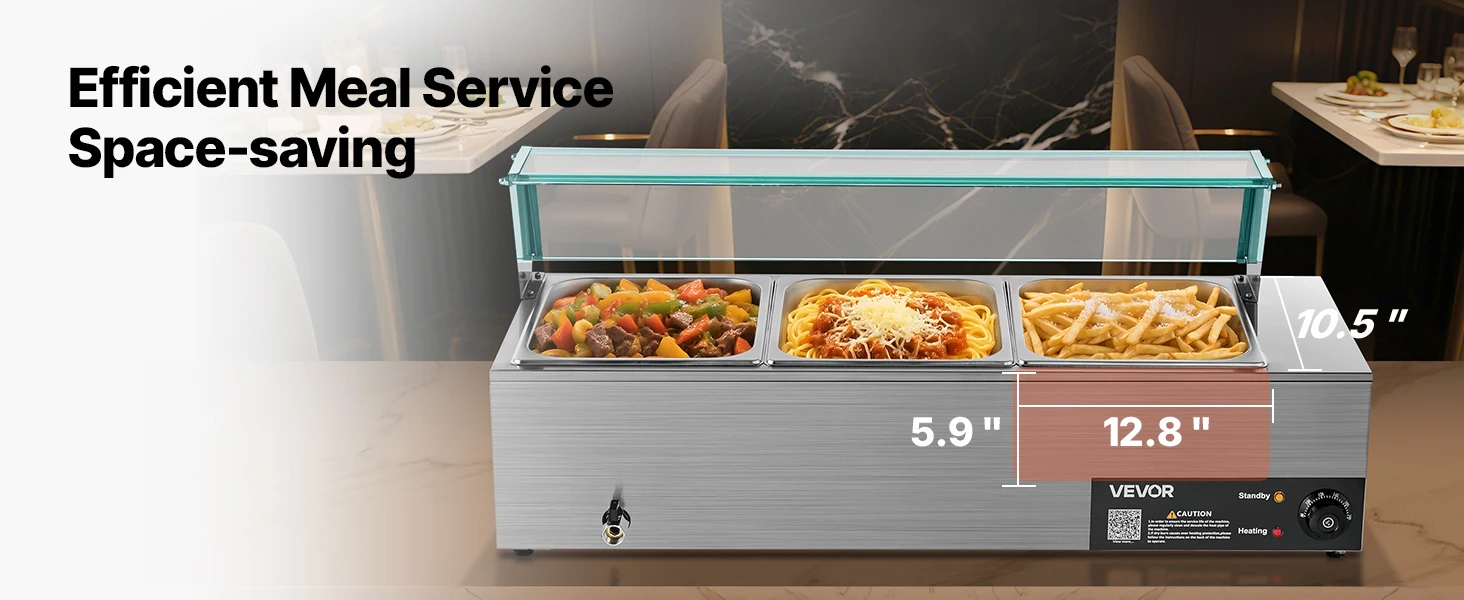 SucceBuy Commercial Food Warmer Electric Stainless Steel Steam Food Warmer with Glass Cover 3-Pan Countertop Buffet Bain Marie
