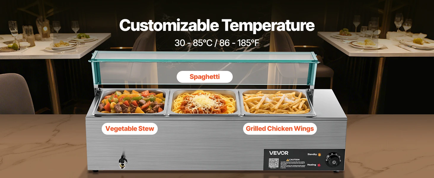 SucceBuy Commercial Food Warmer Electric Stainless Steel Steam Food Warmer with Glass Cover 3-Pan Countertop Buffet Bain Marie