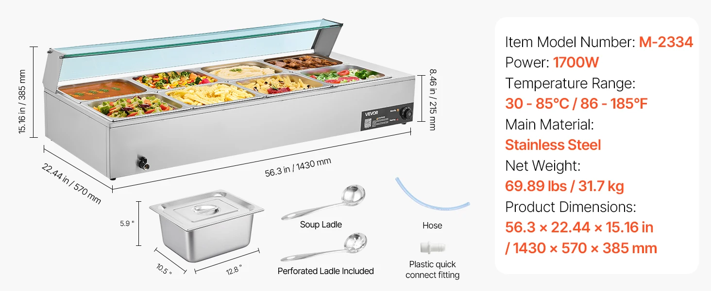 SucceBuy Commercial Food Warmer Electric Stainless Steel Steam Food Warmer with Glass Cover 3-Pan Countertop Buffet Bain Marie