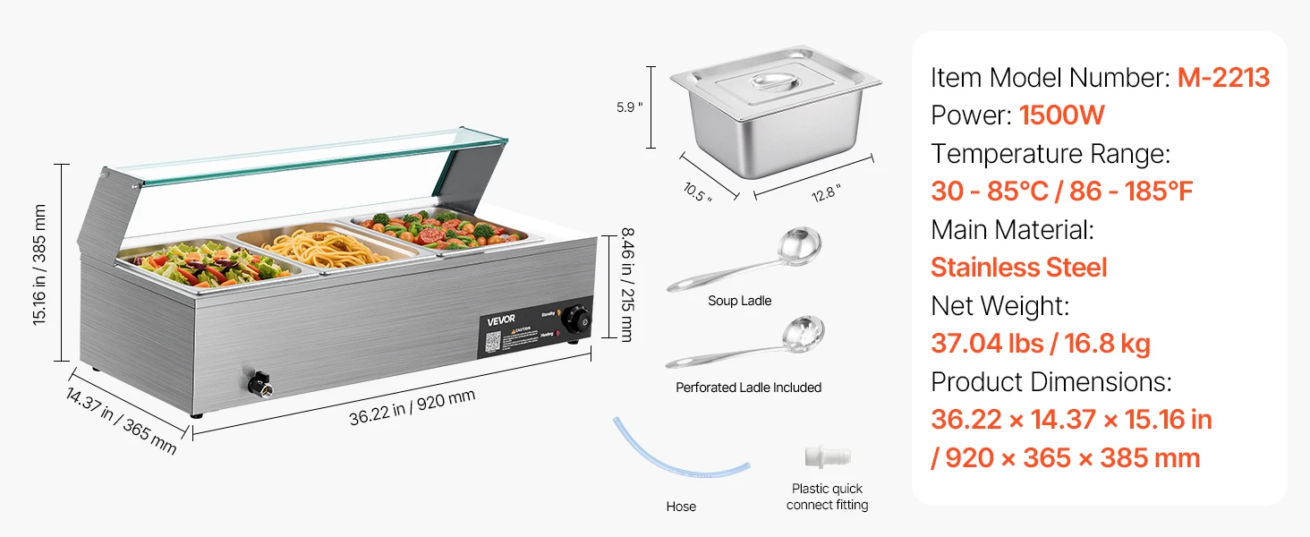 SucceBuy Commercial Food Warmer Electric Stainless Steel Steam Food Warmer with Glass Cover 3-Pan Countertop Buffet Bain Marie