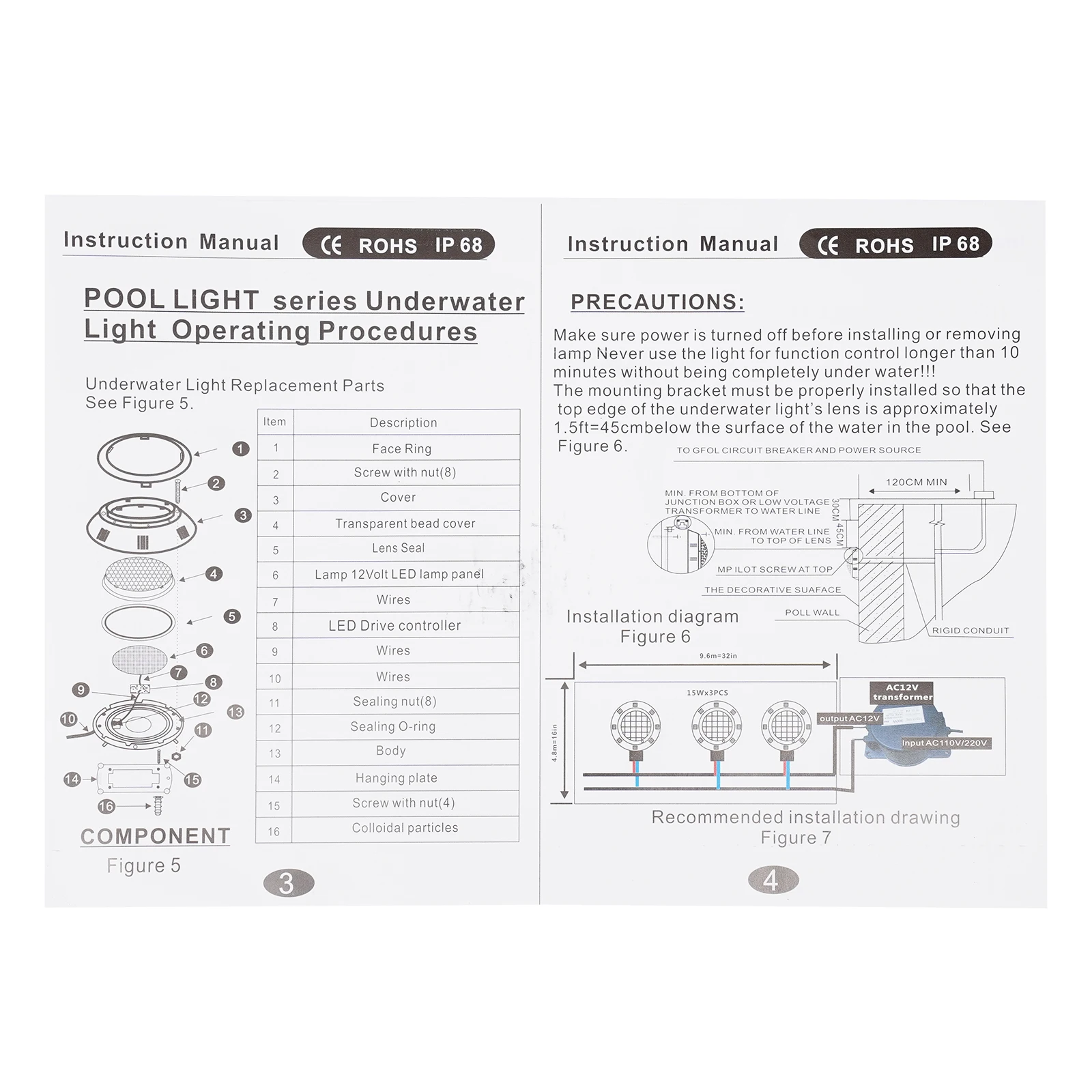 45W RGB LED Underwater Swimming Pool Light IP68 Waterproof 7 Colors Changing Underwater Pool Lights with Remote Control