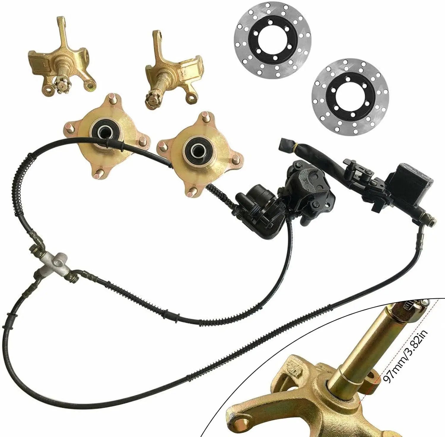 125-250cc ATV Front Steering Knuckle Kit-High-Strength Steel,2 Spindles+2 Disc Rotors+1 Caliper,Durable for Off-Road&Direct Fit