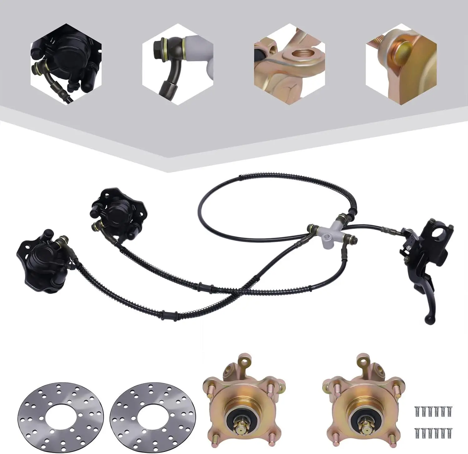 125-250cc ATV Front Steering Knuckle Kit-High-Strength Steel,2 Spindles+2 Disc Rotors+1 Caliper,Durable for Off-Road&Direct Fit