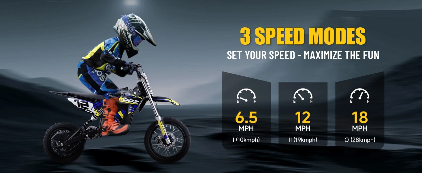 KOOZ HP112E 36V 1000W Kids Electric Dirt Bike, Electric Motorcycle for Kids, UL2272 SGS Certified, 3 Speed Modes, Max 18MPH, 15 Miles Range, Dual Suspension Disc Brakes,16" Off Road Tires