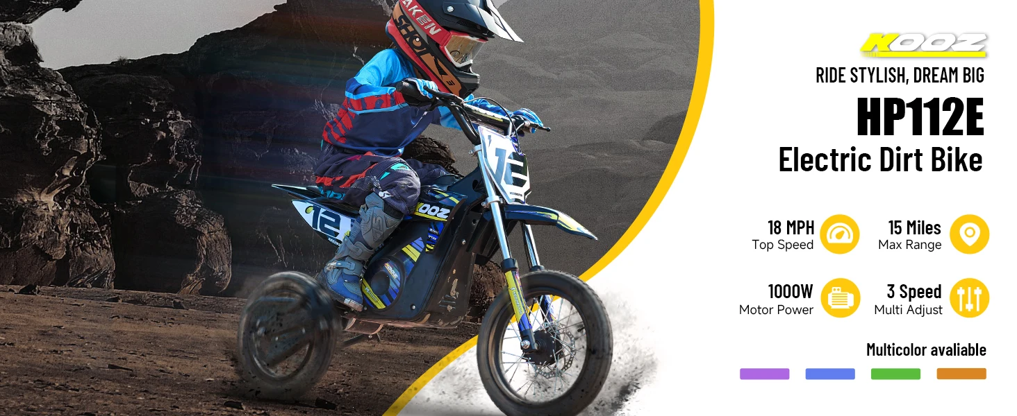 KOOZ HP112E 36V 1000W Kids Electric Dirt Bike, Electric Motorcycle for Kids, UL2272 SGS Certified, 3 Speed Modes, Max 18MPH, 15 Miles Range, Dual Suspension Disc Brakes,16" Off Road Tires