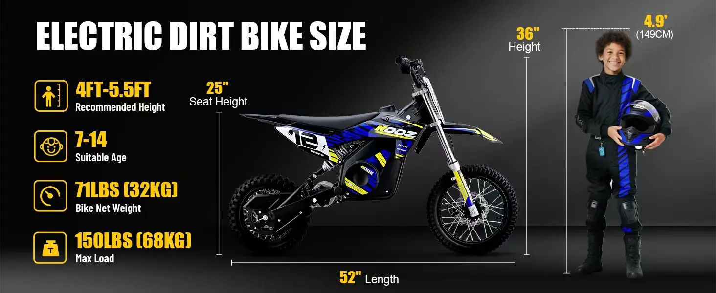 KOOZ HP112E 36V 1000W Kids Electric Dirt Bike, Electric Motorcycle for Kids, UL2272 SGS Certified, 3 Speed Modes, Max 18MPH, 15 Miles Range, Dual Suspension Disc Brakes,16" Off Road Tires