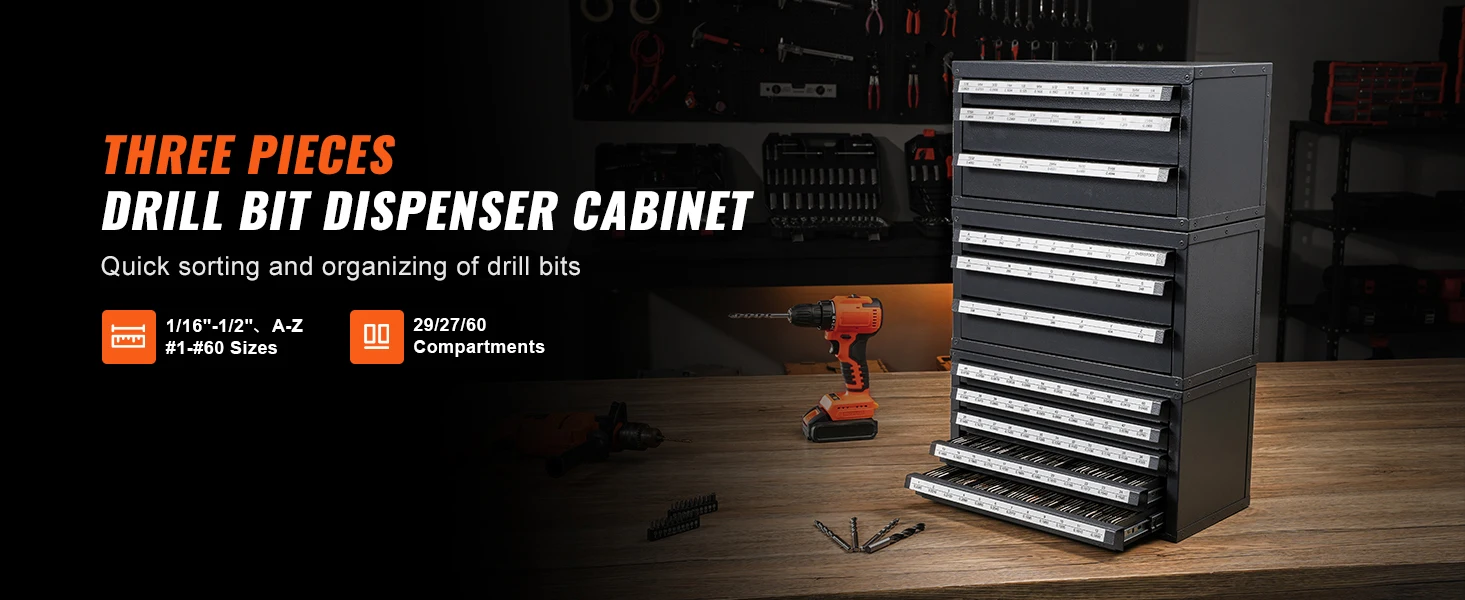 SucceBuy Drill Bit Dispenser Cabinet 3 Pieces Three-Drawer 1/16" to 1/2" & Letter Sizes A to Z Five-Drawer Drill Bit Organizer