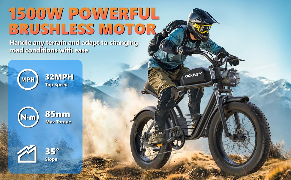 Kickwey K7 Adult Off-Road Ebike 1500W 7-Speed Electric Mountain Bicycle 48V 23Ah 20"X4" Fat Tire Electric Dirt Bike