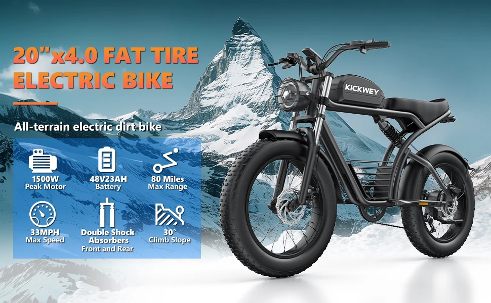 Kickwey K7 Adult Off-Road Ebike 1500W 7-Speed Electric Mountain Bicycle 48V 23Ah 20"X4" Fat Tire Electric Dirt Bike