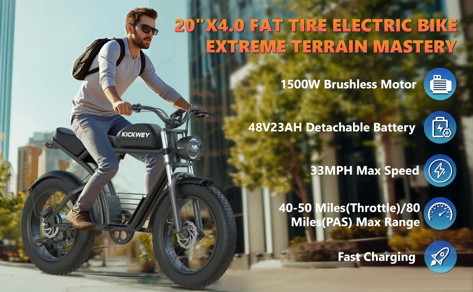 Kickwey K7 Adult Off-Road Ebike 1500W 7-Speed Electric Mountain Bicycle 48V 23Ah 20"X4" Fat Tire Electric Dirt Bike