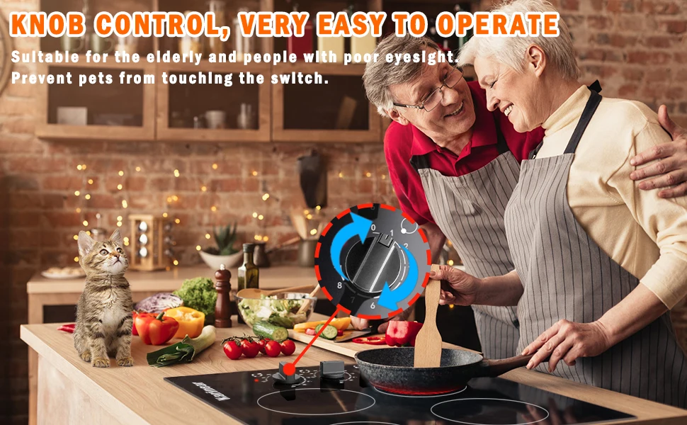 Karinear 4 Burners Electric Cooktop, 24 Inch Built-in, 220-240v, 6000W, Knob Control, Residual Heat Indicator,Hard Wire(No Plug)