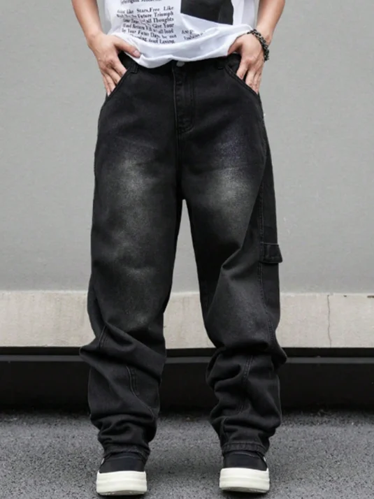 High street American Vibe pleated design micro flared jeans men's loose straight leg hanging wide leg pants men
