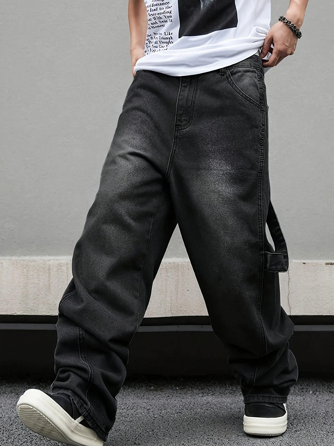 High street American Vibe pleated design micro flared jeans men's loose straight leg hanging wide leg pants men