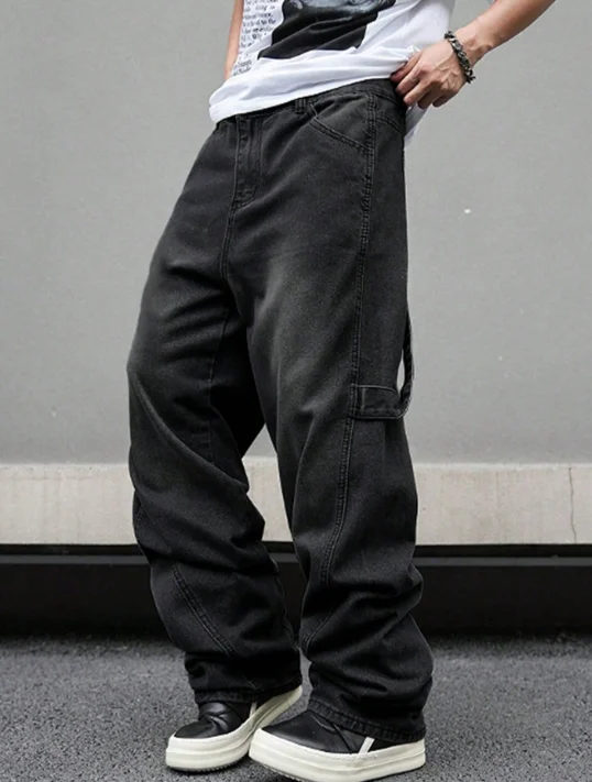 High street American Vibe pleated design micro flared jeans men's loose straight leg hanging wide leg pants men