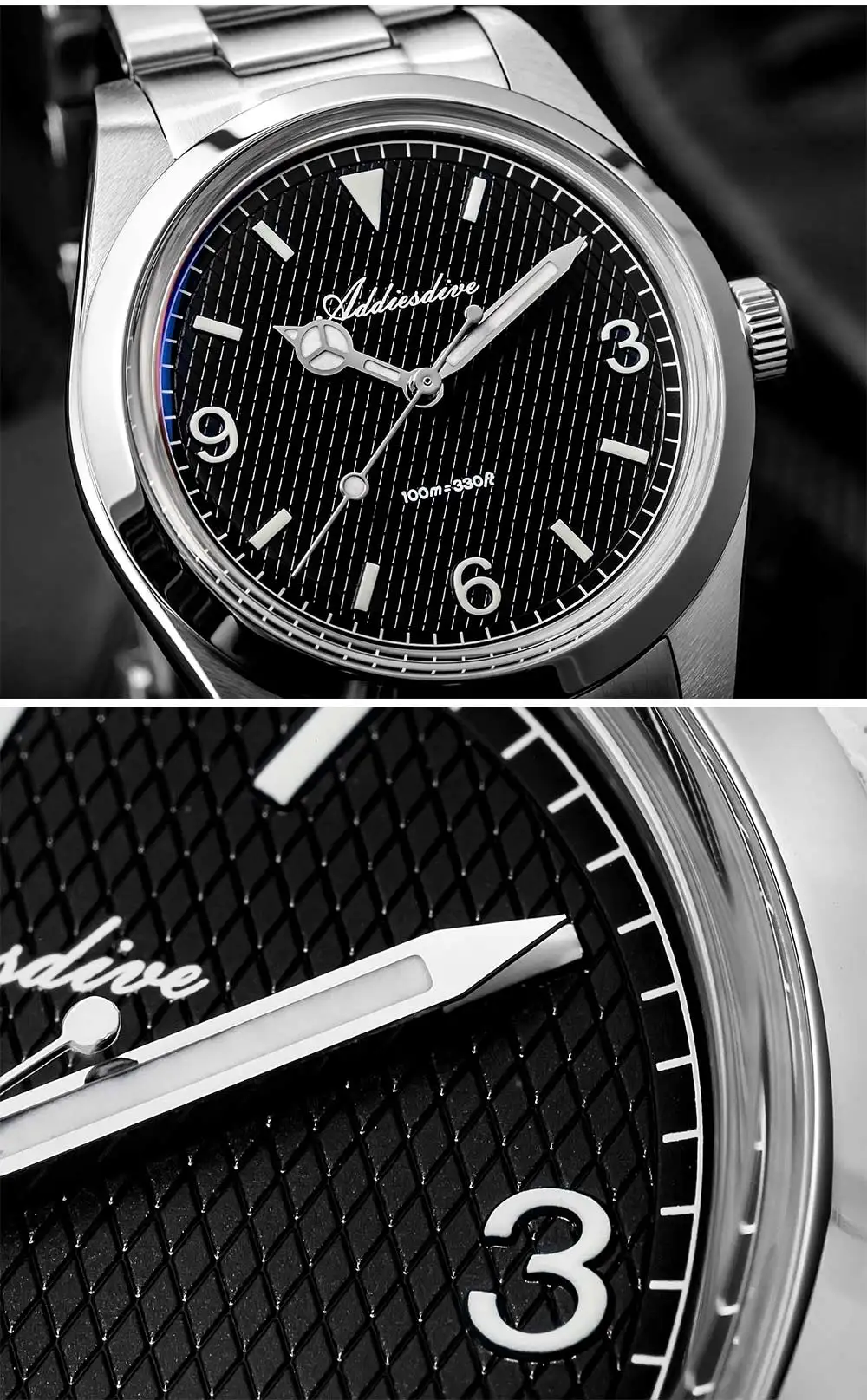 ADDIESDIVE New Men's Analog Watch Bubble Mirror Glass 100m Luminous Men's Quartz Watches with Stainless Steel Bracelet AD2096