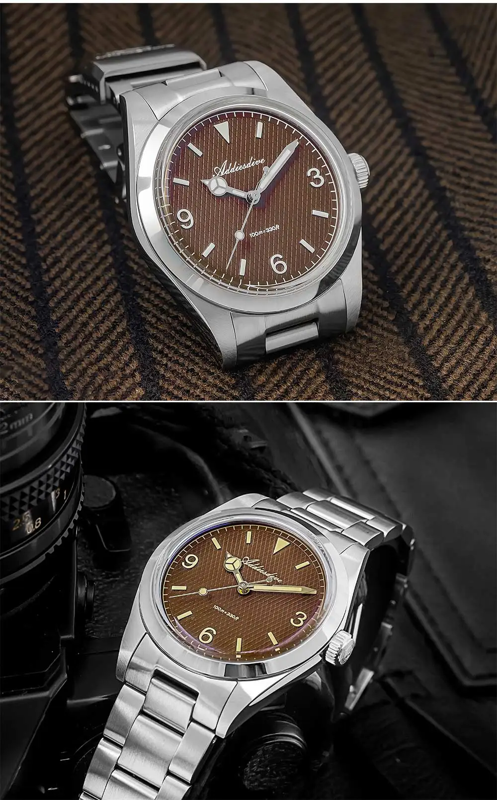 ADDIESDIVE New Men's Analog Watch Bubble Mirror Glass 100m Luminous Men's Quartz Watches with Stainless Steel Bracelet AD2096