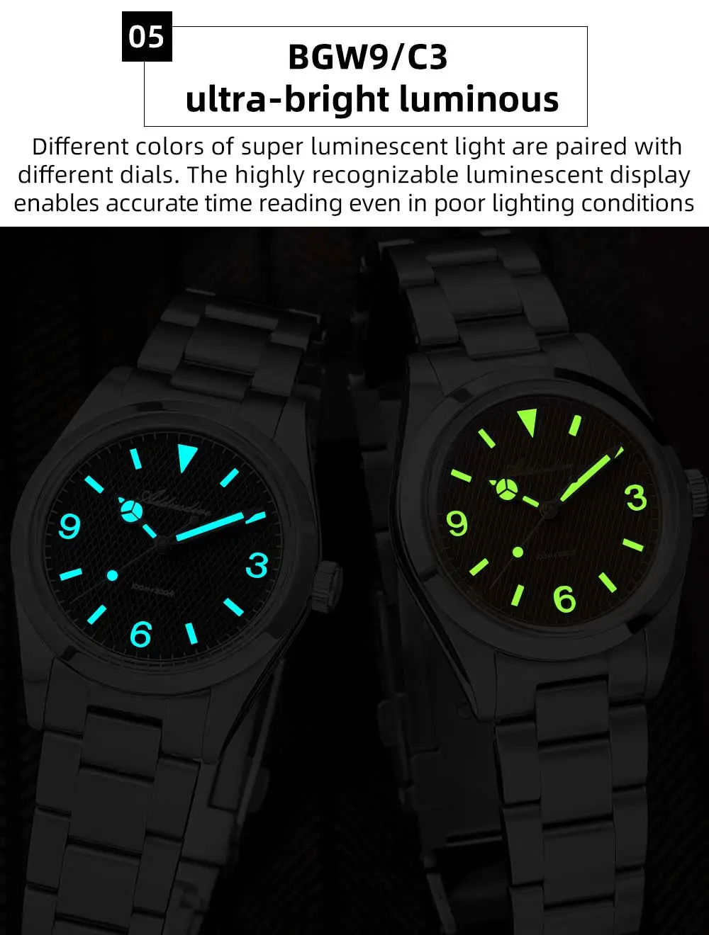 ADDIESDIVE New Men's Analog Watch Bubble Mirror Glass 100m Luminous Men's Quartz Watches with Stainless Steel Bracelet AD2096