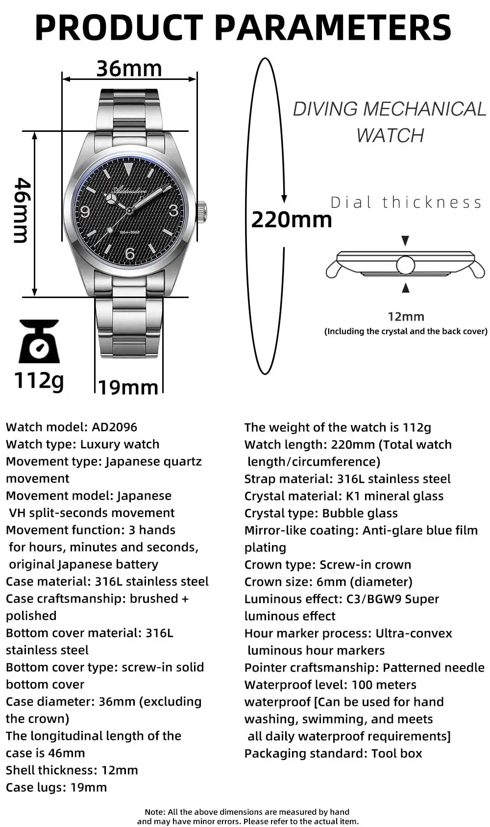 ADDIESDIVE New Men's Analog Watch Bubble Mirror Glass 100m Luminous Men's Quartz Watches with Stainless Steel Bracelet AD2096