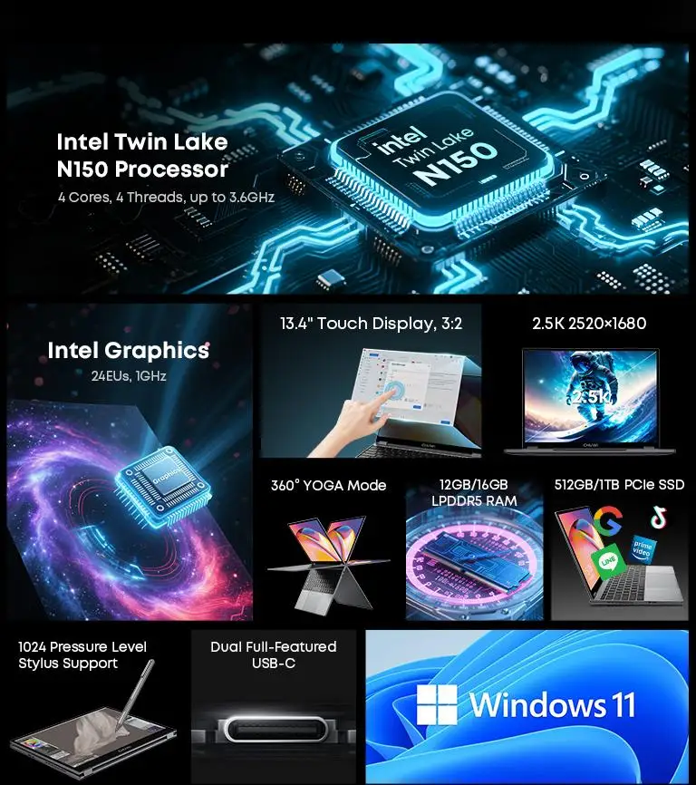 CHUWI FreeBook 2-in-1 Touch Screen Laptop 13.4'' Intel N150 16GB LPDDR5 RAM 512GB SSD FHD 2520x1680 WiFi6 BT5.2 Windows 11