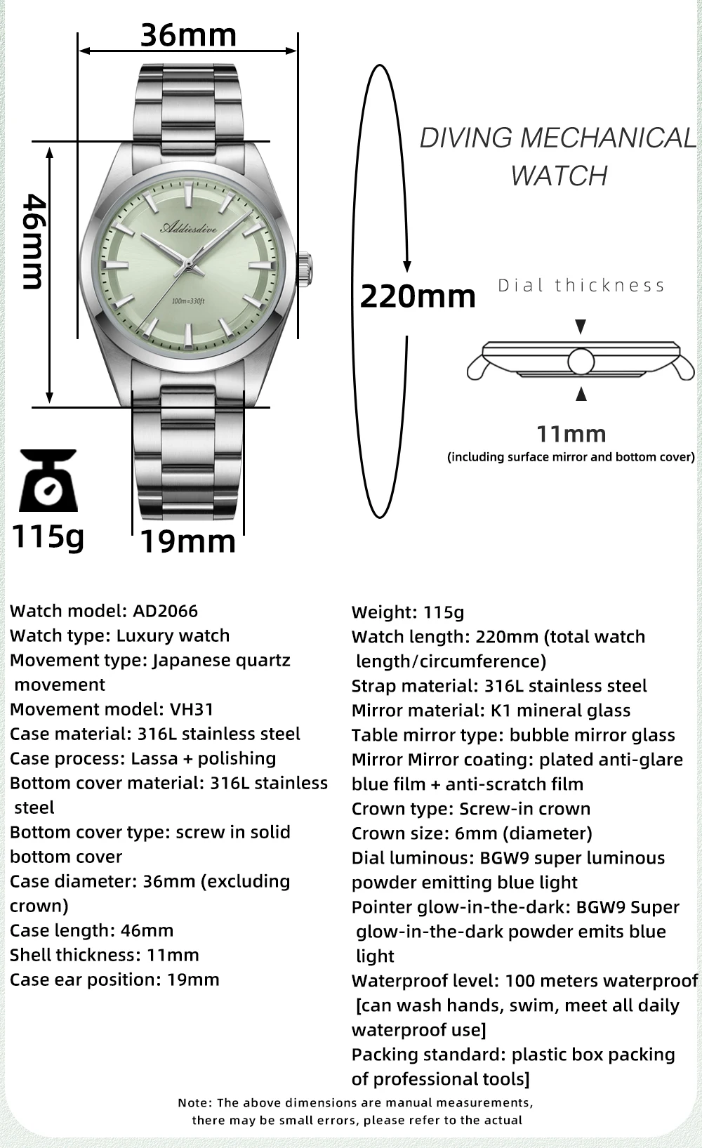 ADDIESDIVE Men's Luxury Watch AD2066 100m Waterproof BGW9 Super Luminous Reloj Hombre VH31 Quartz Watches 316L Stainless Steel