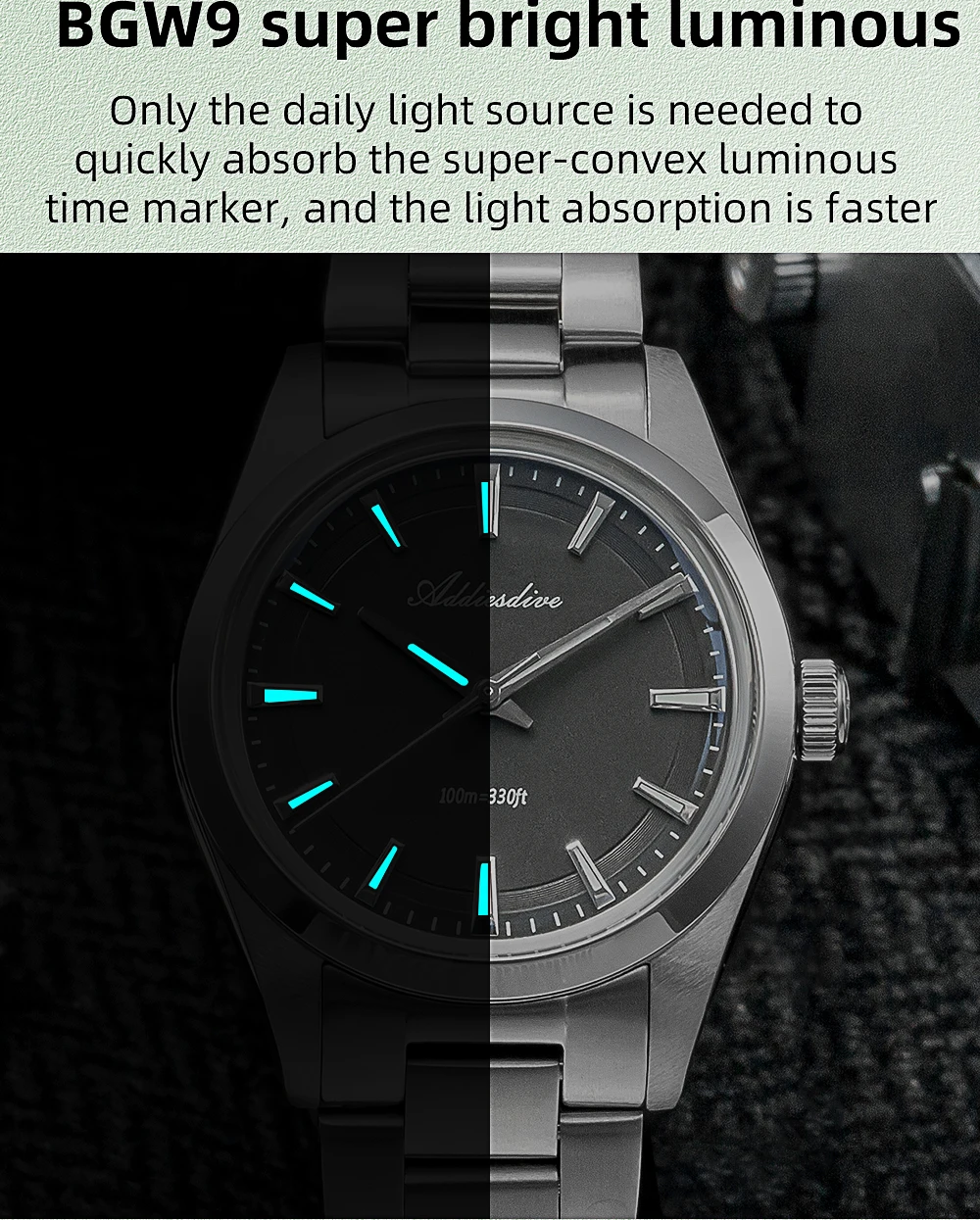 ADDIESDIVE Men's Luxury Watch AD2066 100m Waterproof BGW9 Super Luminous Reloj Hombre VH31 Quartz Watches 316L Stainless Steel