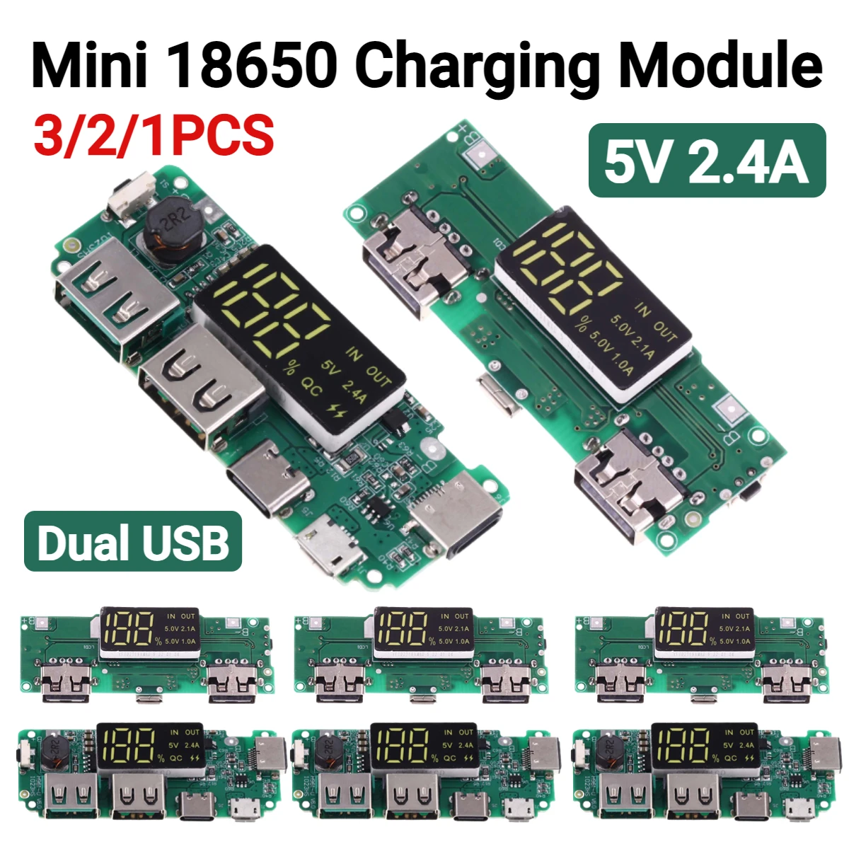 LED Dual USB 5V 2.4A Micro/Type-C USB Mobile Power Bank 18650 Charging Module Lithium Battery Charger Board Circuit Protection
