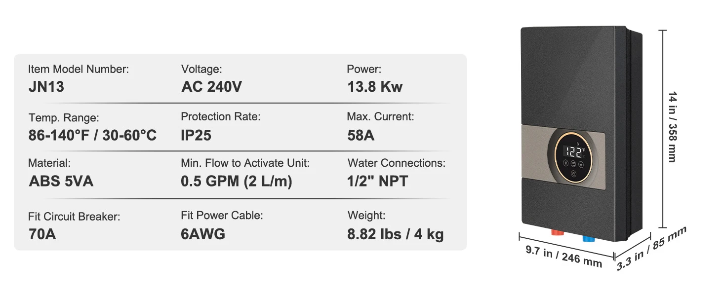 SucceBuy Instant Water Heater 8/13.8/18kw On Demand Electric Water Boiler Digital Temperature Display & Easy Installation