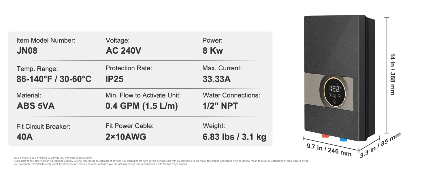 SucceBuy Instant Water Heater 8/13.8/18kw On Demand Electric Water Boiler Digital Temperature Display & Easy Installation