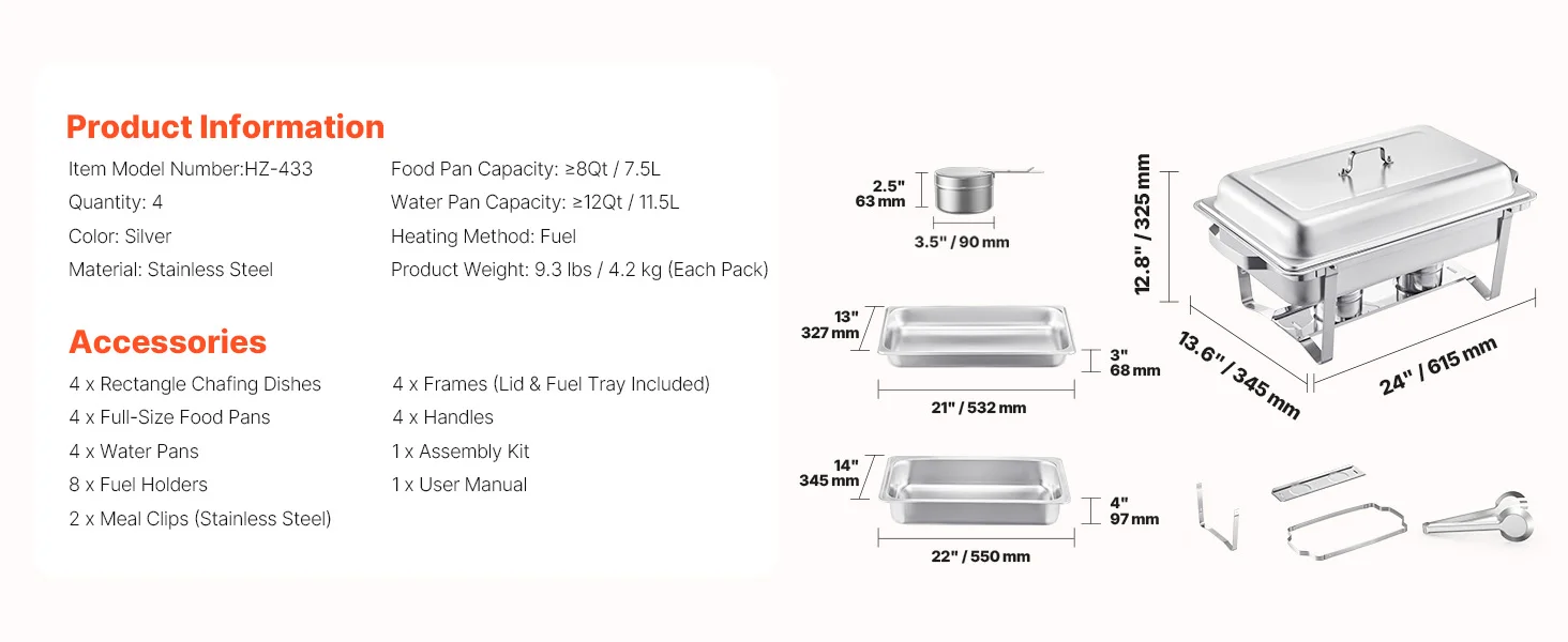 SucceBuy 8 Qt 4/6 Pack Chafing Dish Buffet Set Stainless Steel Chafer Rectangle Catering Warmer Server W/Lid Water Pan for Party