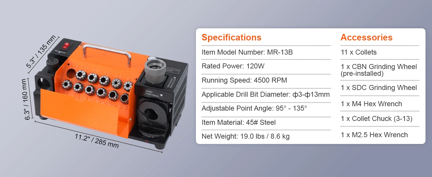 SucceBuy Drill Bits Sharpener 3-13mm Mill Grinder Sharpener Portable Sharpening Angle Grinder w/ 11 Collet For Factory Workshop