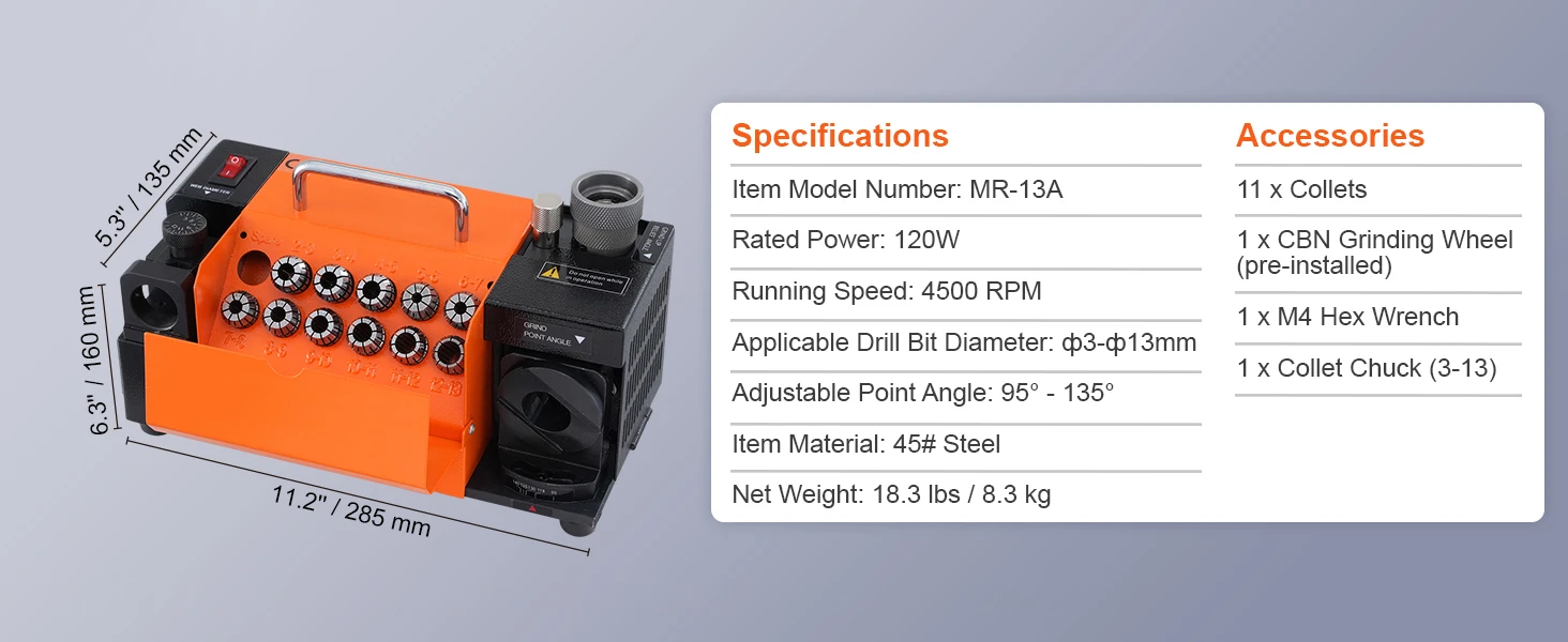 SucceBuy Drill Bits Sharpener 3-13mm Mill Grinder Sharpener Portable Sharpening Angle Grinder w/ 11 Collet For Factory Workshop