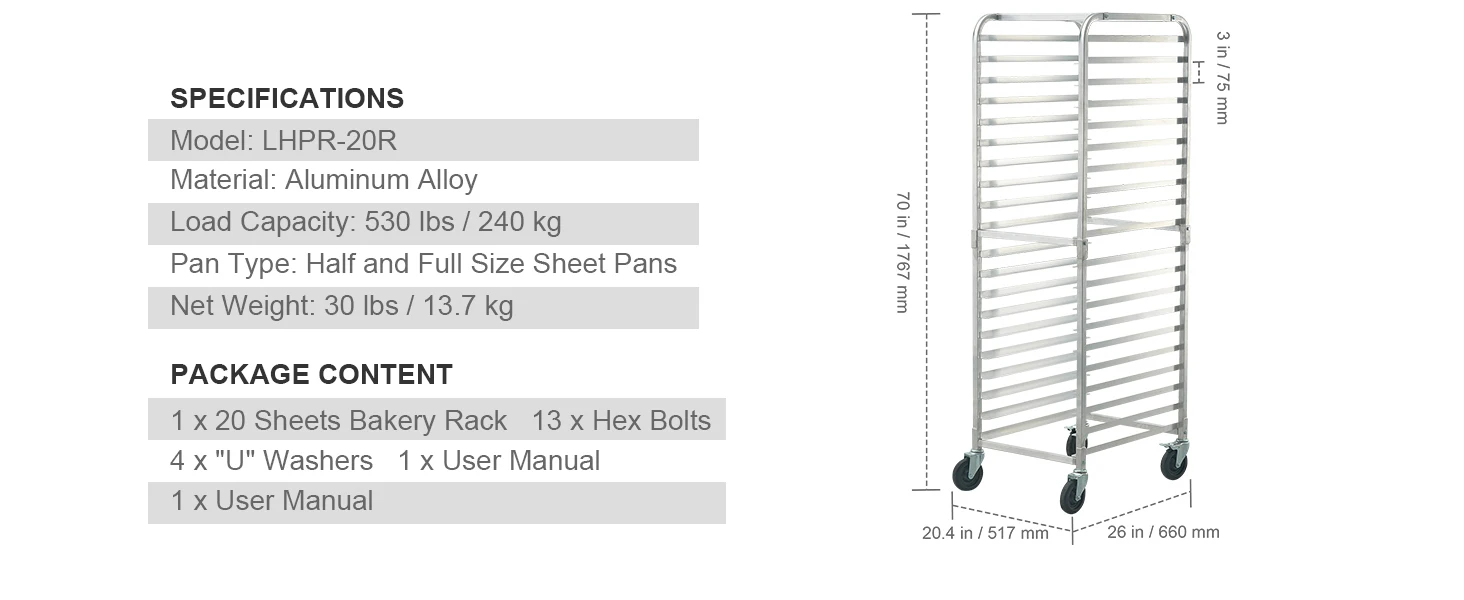 SucceBuy 10/20 Sheet Bun Pan Rack Commercial Bakery Racks with Brake Wheels Aluminum Racking Trolley Storage for Bread Baking