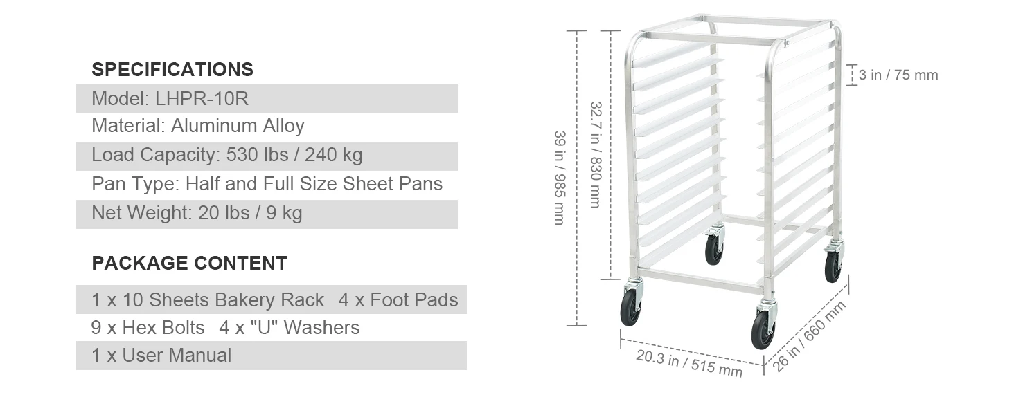 SucceBuy 10/20 Sheet Bun Pan Rack Commercial Bakery Racks with Brake Wheels Aluminum Racking Trolley Storage for Bread Baking
