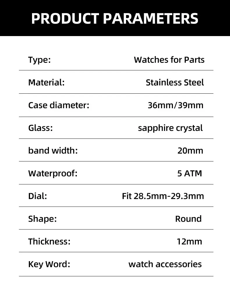 36mm/39mm Sapphire Glass For Men Watch Case Fit NH36 NH34 NH35 Movement FashionWaterproof Jubilee Stainless Steel