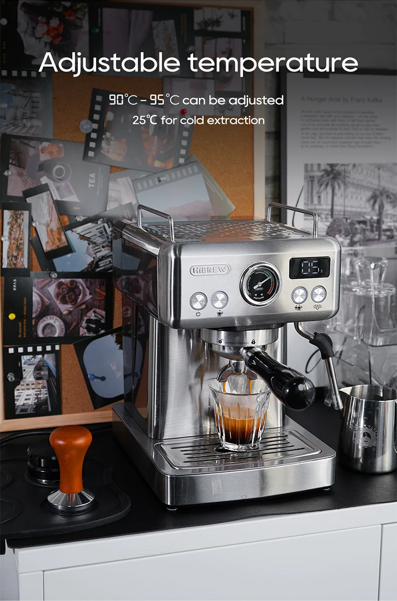 HiBREW 20Bar Semi Automatic Espresso Coffee Machine Temperature Adjustable 58mm Portafilter Cold/Hot Coffee Maker Metal CaseH10A