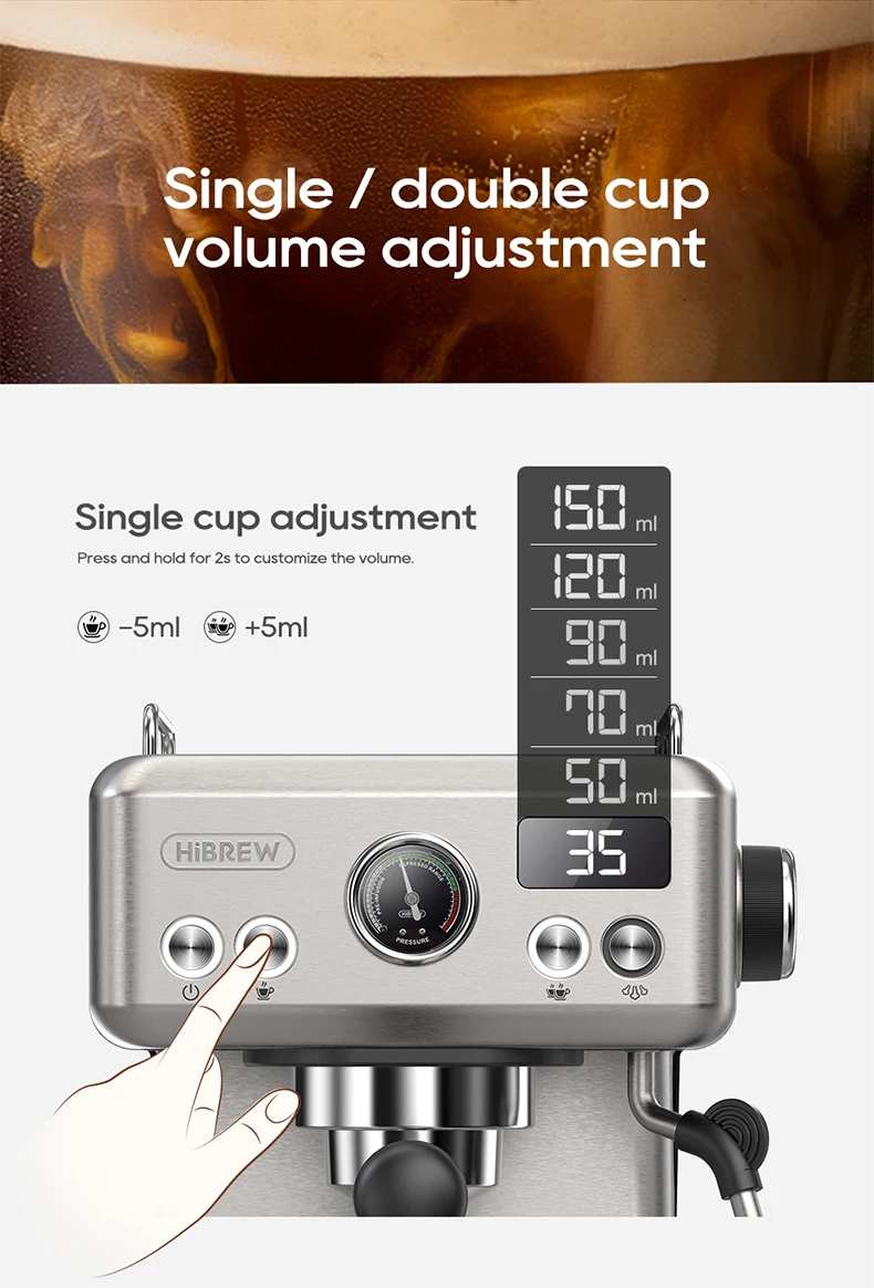 HiBREW 20Bar Semi Automatic Espresso Coffee Machine Temperature Adjustable 58mm Portafilter Cold/Hot Coffee Maker Metal CaseH10A