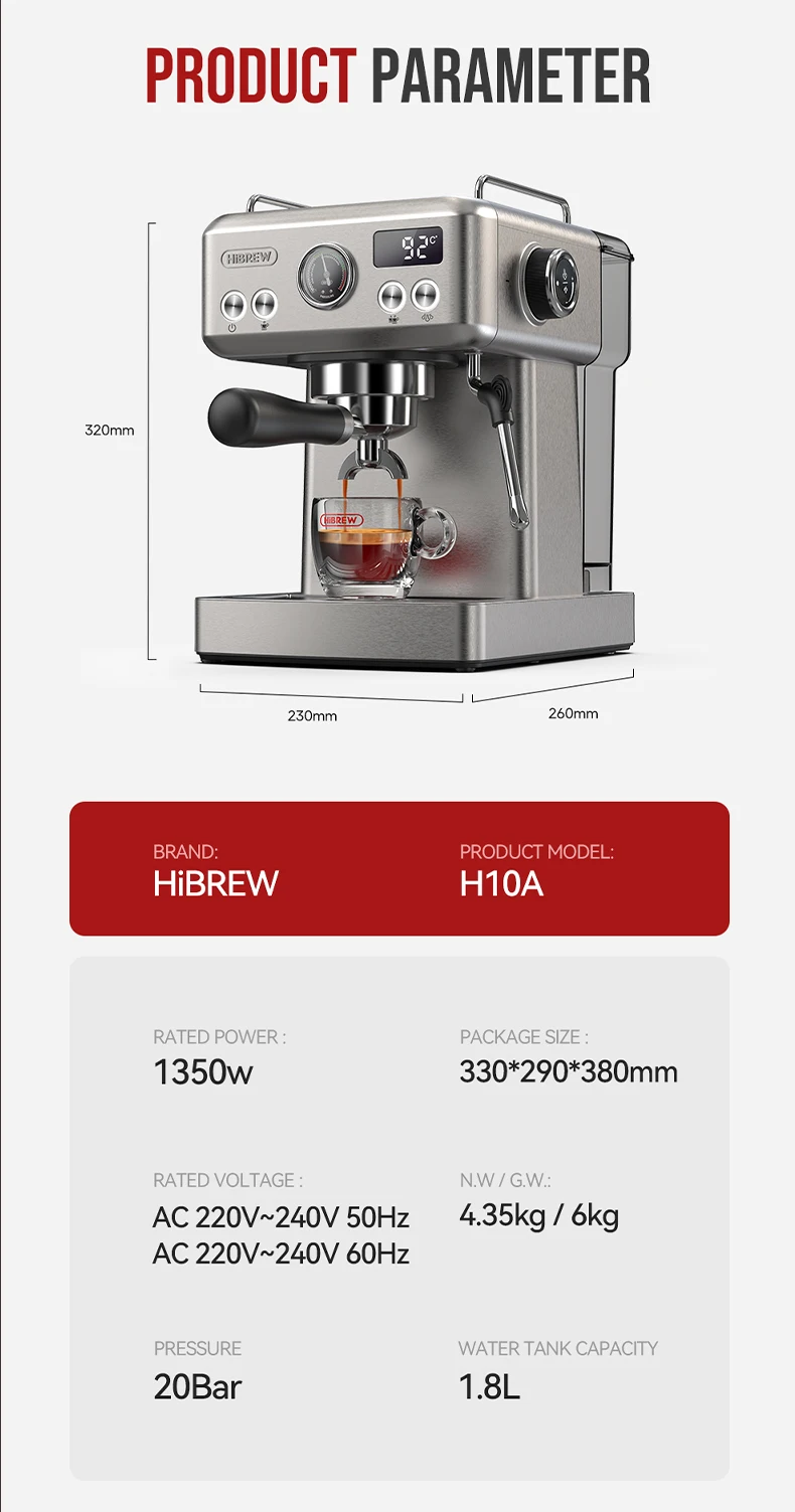 HiBREW 20Bar Semi Automatic Espresso Coffee Machine Temperature Adjustable 58mm Portafilter Cold/Hot Coffee Maker Metal CaseH10A