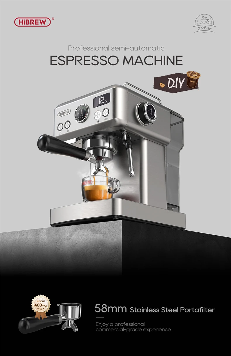 HiBREW 20Bar Semi Automatic Espresso Coffee Machine Temperature Adjustable 58mm Portafilter Cold/Hot Coffee Maker Metal CaseH10A