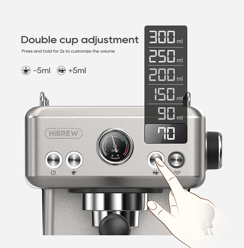 HiBREW 20Bar Semi Automatic Espresso Coffee Machine Temperature Adjustable 58mm Portafilter Cold/Hot Coffee Maker Metal CaseH10A