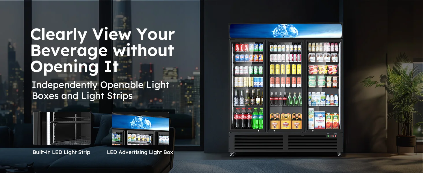 56 Cu Ft Commercial Display Fridge for Beverage 3 Glass Door Upright Refrigerator Merchandiser with Front LED Light for Shop Bar