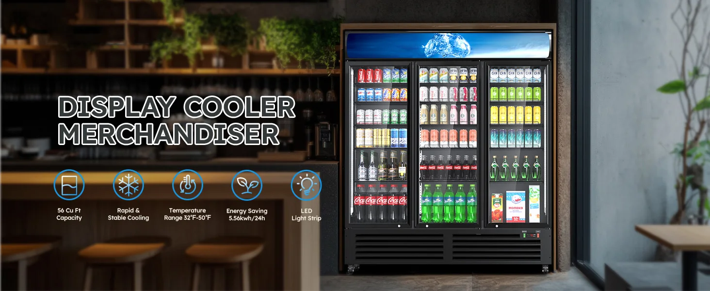 56 Cu Ft Commercial Display Fridge for Beverage 3 Glass Door Upright Refrigerator Merchandiser with Front LED Light for Shop Bar