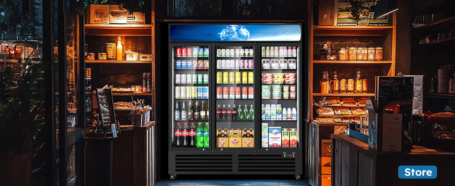 56 Cu Ft Commercial Display Fridge for Beverage 3 Glass Door Upright Refrigerator Merchandiser with Front LED Light for Shop Bar