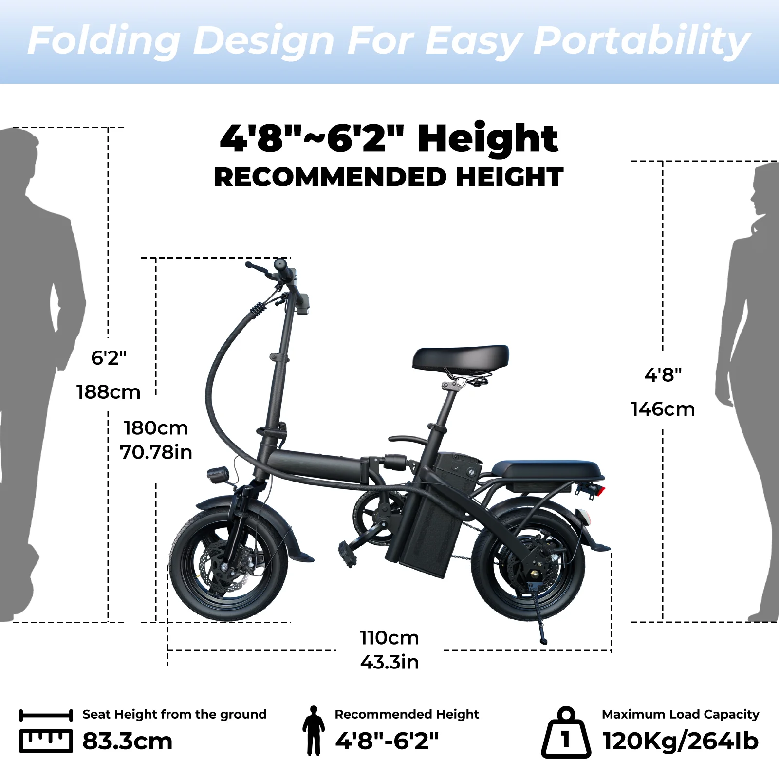 1Year Warranty 500W Adult Electric Bike 20MPH 48V10.4Ah with Dual Disc Brake 14 Inches Folding Electric Bike 22 Mile Range