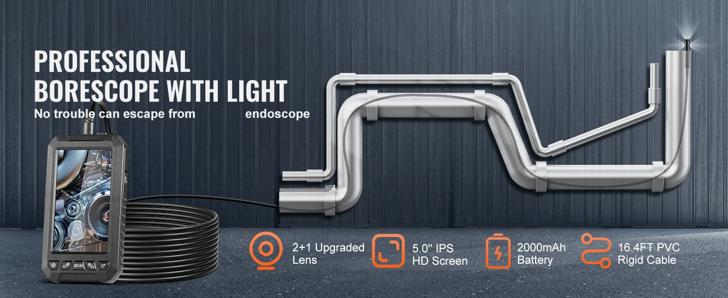 SucceBuy Endoscope Camera Dual Lens Borescope 5" Screen 1080P Inspection Camera with LED Lights Waterproof for Auto Plumbing