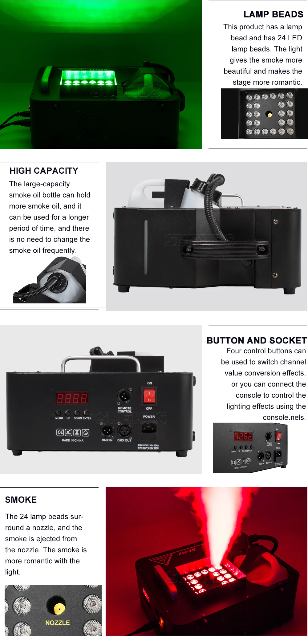 SHEHDS LED 24x9W RGB Somke Machine 1500W Smoke Machine Special effects equipment for KTV Party Wedding Concert