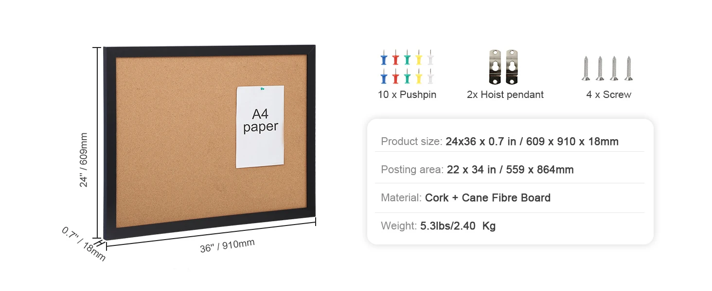 SucceBuy Cork Board 36x24/24x18 in Bulletin Board W/ MDF Sticker Frame Vision Board Includes 10 Pushpins for Display and Decoration
