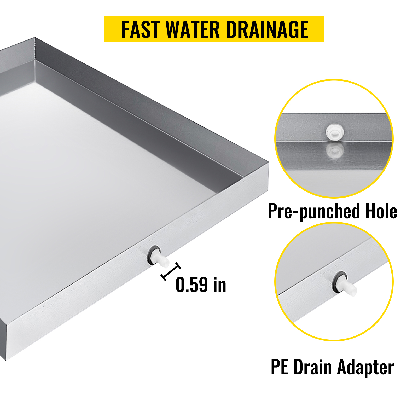 VEVOR Multi-Size Washing Machine Pan Stainless Steel Drip Drain Floor Overflow Catch With Welded Corners Drain Adapter Home Use