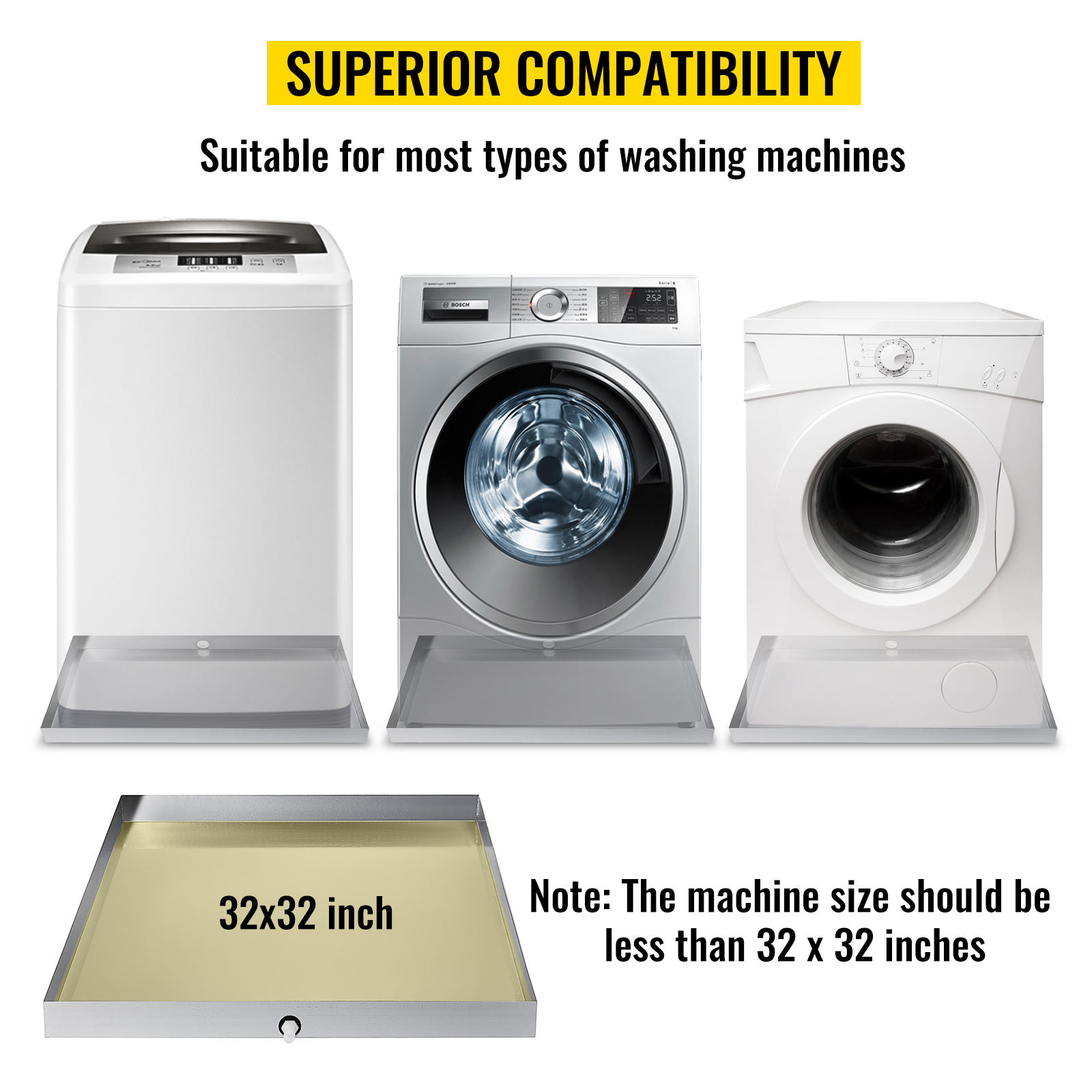 VEVOR Multi-Size Washing Machine Pan Stainless Steel Drip Drain Floor Overflow Catch With Welded Corners Drain Adapter Home Use