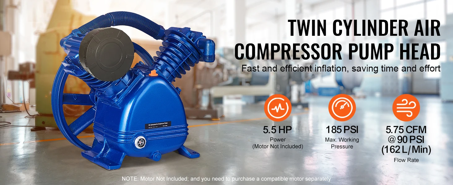 SucceBuy Air Compressor Head 5.5HP/3HP 90PSI Twin Cylinder Oil Lubricated Air Compressor Piston Dual Stage Air Compressor Pump